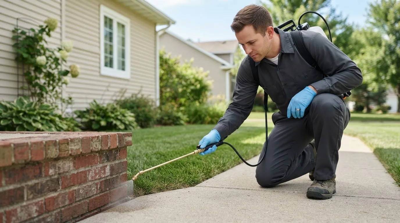 Pest control technician treating a home near Blanchard, PA