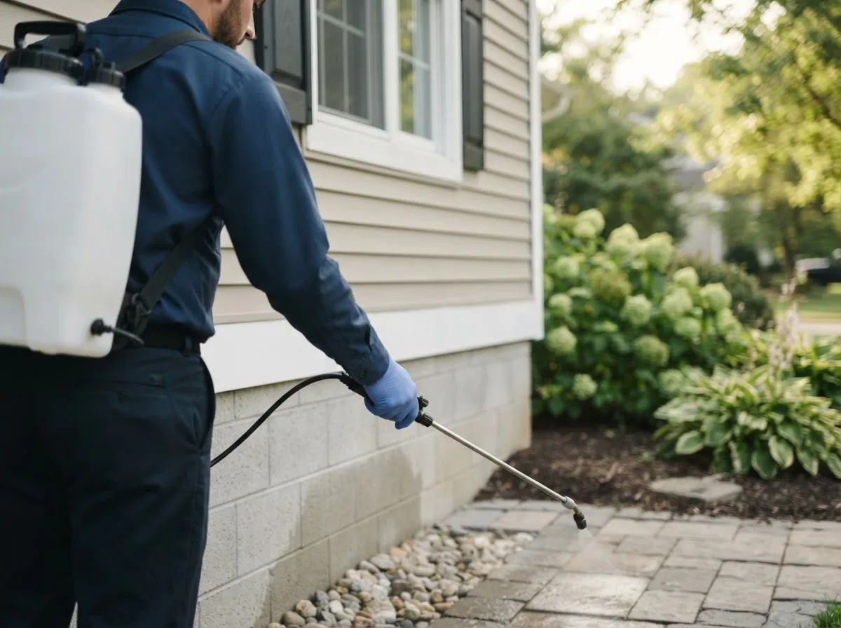 Pest control technician inspecting a home in Blanchard, PA